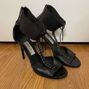 JIMMY CHOO black leather lace eyelet ankle strap stiletto heels size EU 38.5